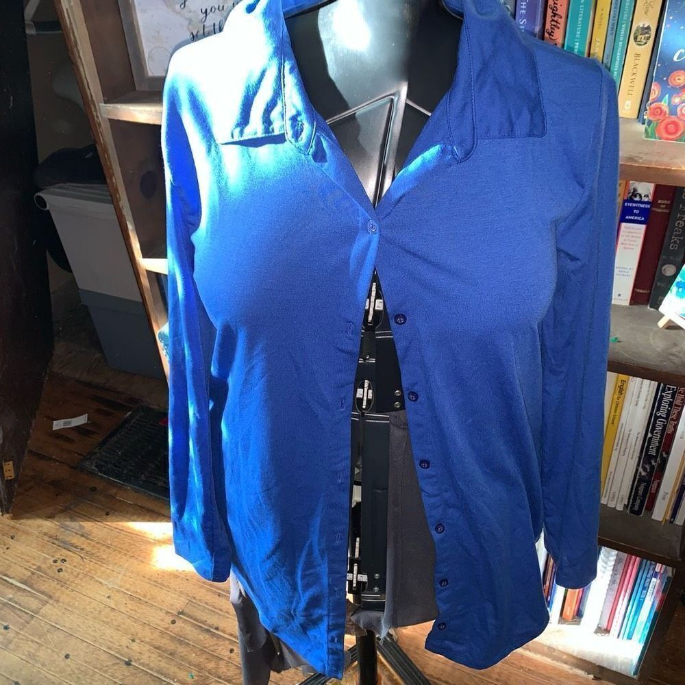 Lularoe Valentina solid blue knit travelcore S button down shirt